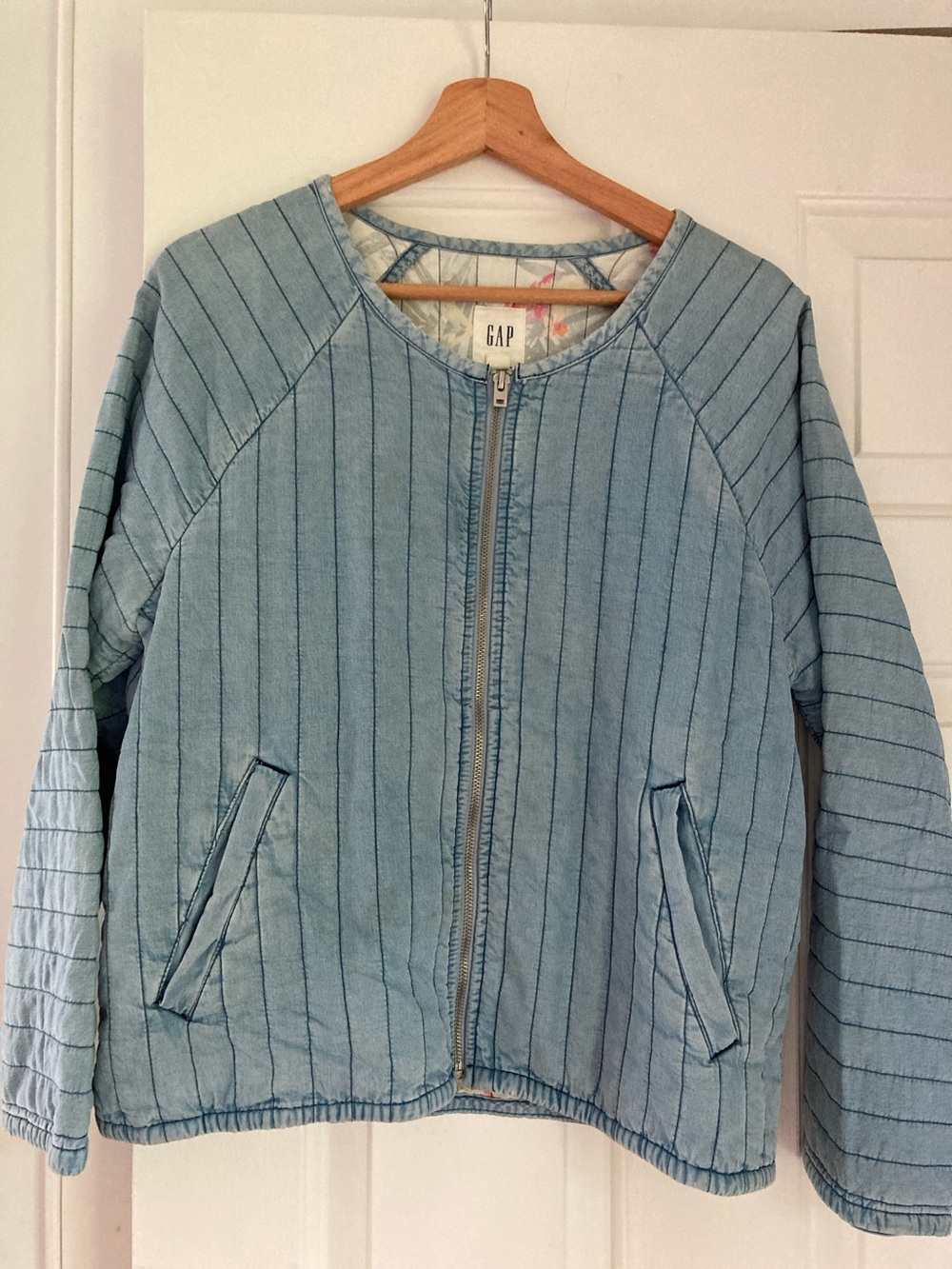 GAP Light Blue Quilted Chambray Denim Zip Jacket